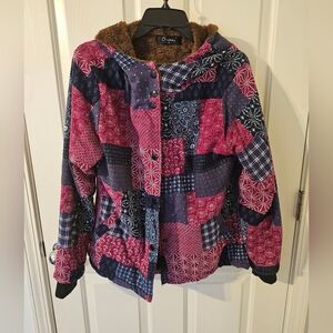 Faux Patchwork Cotton Linen Blend Faux Fur Lined Jacket Size XL
